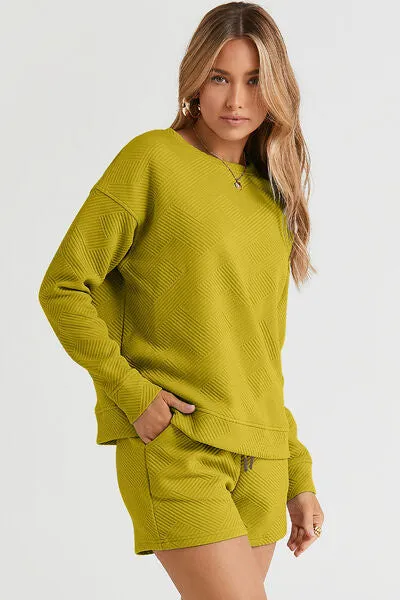 Tillie Double Take Full Size Texture Long Sleeve Top and Drawstring Shorts Set