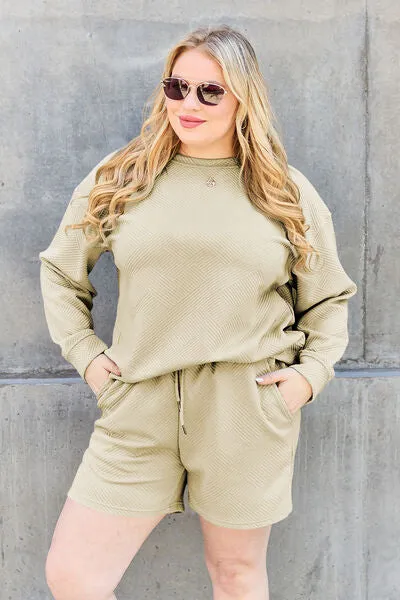 Tillie Double Take Full Size Texture Long Sleeve Top and Drawstring Shorts Set