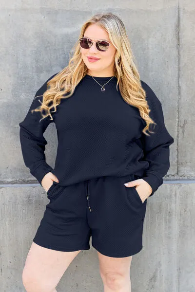 Tillie Double Take Full Size Texture Long Sleeve Top and Drawstring Shorts Set