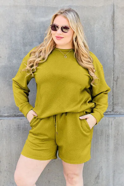 Tillie Double Take Full Size Texture Long Sleeve Top and Drawstring Shorts Set