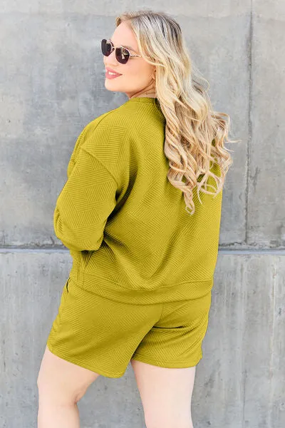 Tillie Double Take Full Size Texture Long Sleeve Top and Drawstring Shorts Set