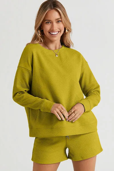 Tillie Double Take Full Size Texture Long Sleeve Top and Drawstring Shorts Set