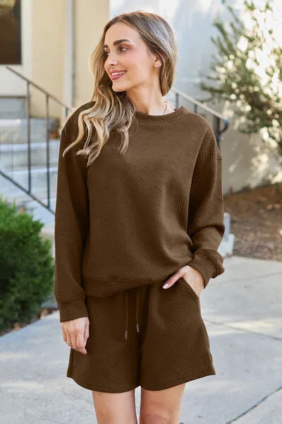 Tillie Double Take Full Size Texture Long Sleeve Top and Drawstring Shorts Set