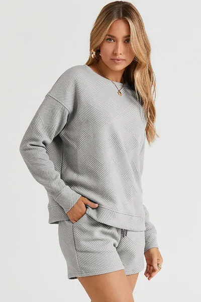 Tillie Double Take Full Size Texture Long Sleeve Top and Drawstring Shorts Set