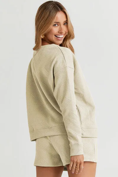Tillie Double Take Full Size Texture Long Sleeve Top and Drawstring Shorts Set