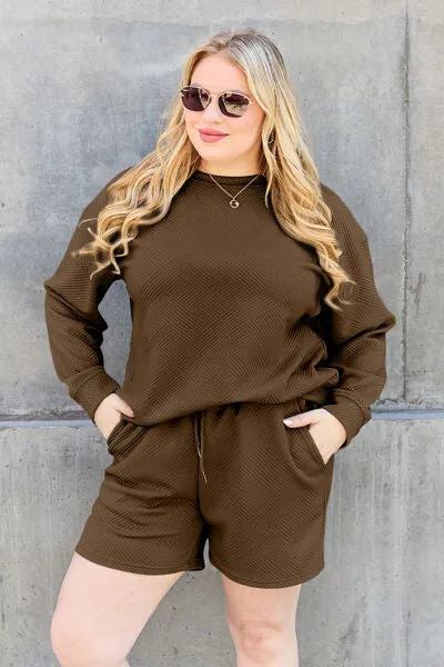 Tillie Double Take Full Size Texture Long Sleeve Top and Drawstring Shorts Set