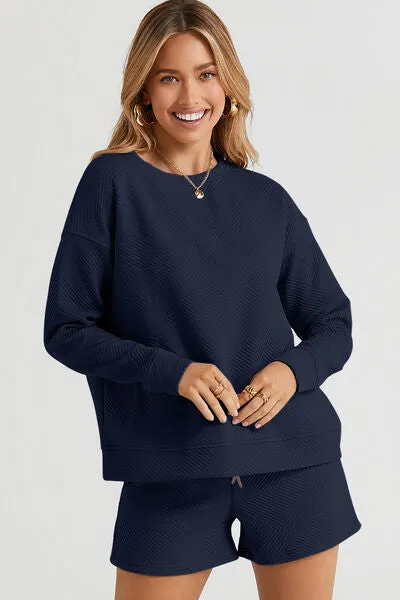 Tillie Double Take Full Size Texture Long Sleeve Top and Drawstring Shorts Set