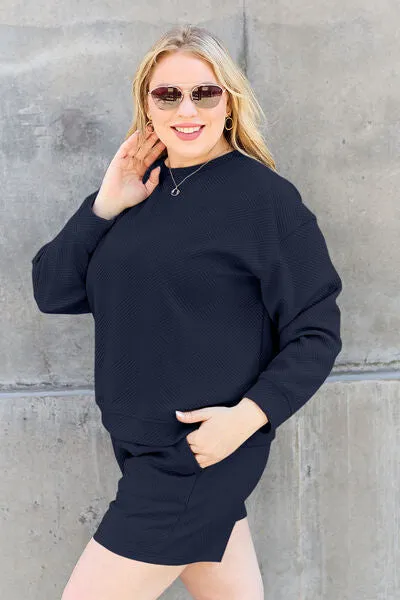 Tillie Double Take Full Size Texture Long Sleeve Top and Drawstring Shorts Set