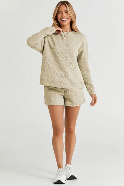 Tillie Double Take Full Size Texture Long Sleeve Top and Drawstring Shorts Set