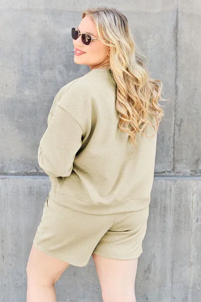 Tillie Double Take Full Size Texture Long Sleeve Top and Drawstring Shorts Set