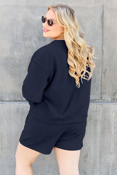 Tillie Double Take Full Size Texture Long Sleeve Top and Drawstring Shorts Set