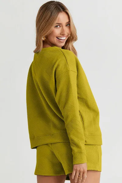 Tillie Double Take Full Size Texture Long Sleeve Top and Drawstring Shorts Set