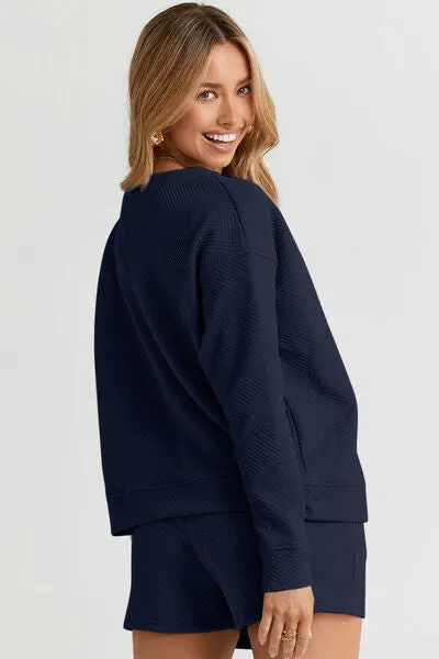 Tillie Double Take Full Size Texture Long Sleeve Top and Drawstring Shorts Set