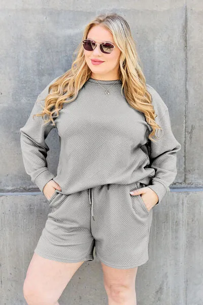 Tillie Double Take Full Size Texture Long Sleeve Top and Drawstring Shorts Set