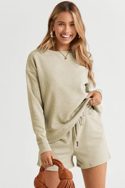 Tillie Double Take Full Size Texture Long Sleeve Top and Drawstring Shorts Set