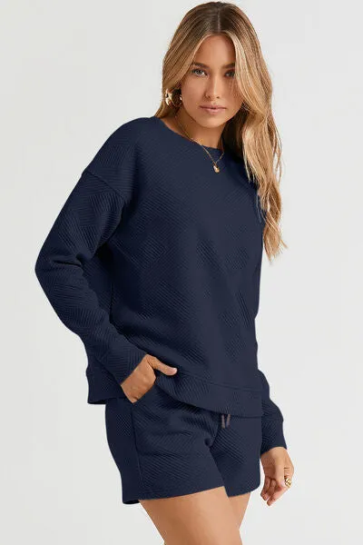 Tillie Double Take Full Size Texture Long Sleeve Top and Drawstring Shorts Set