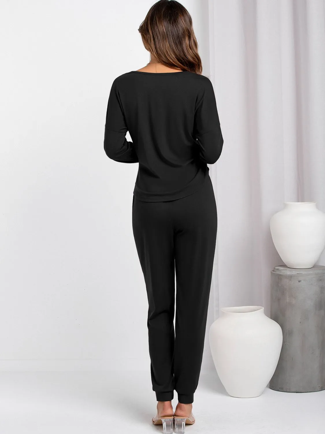 Twisted Dropped Shoulder Top and Drawstring Joggers Set
