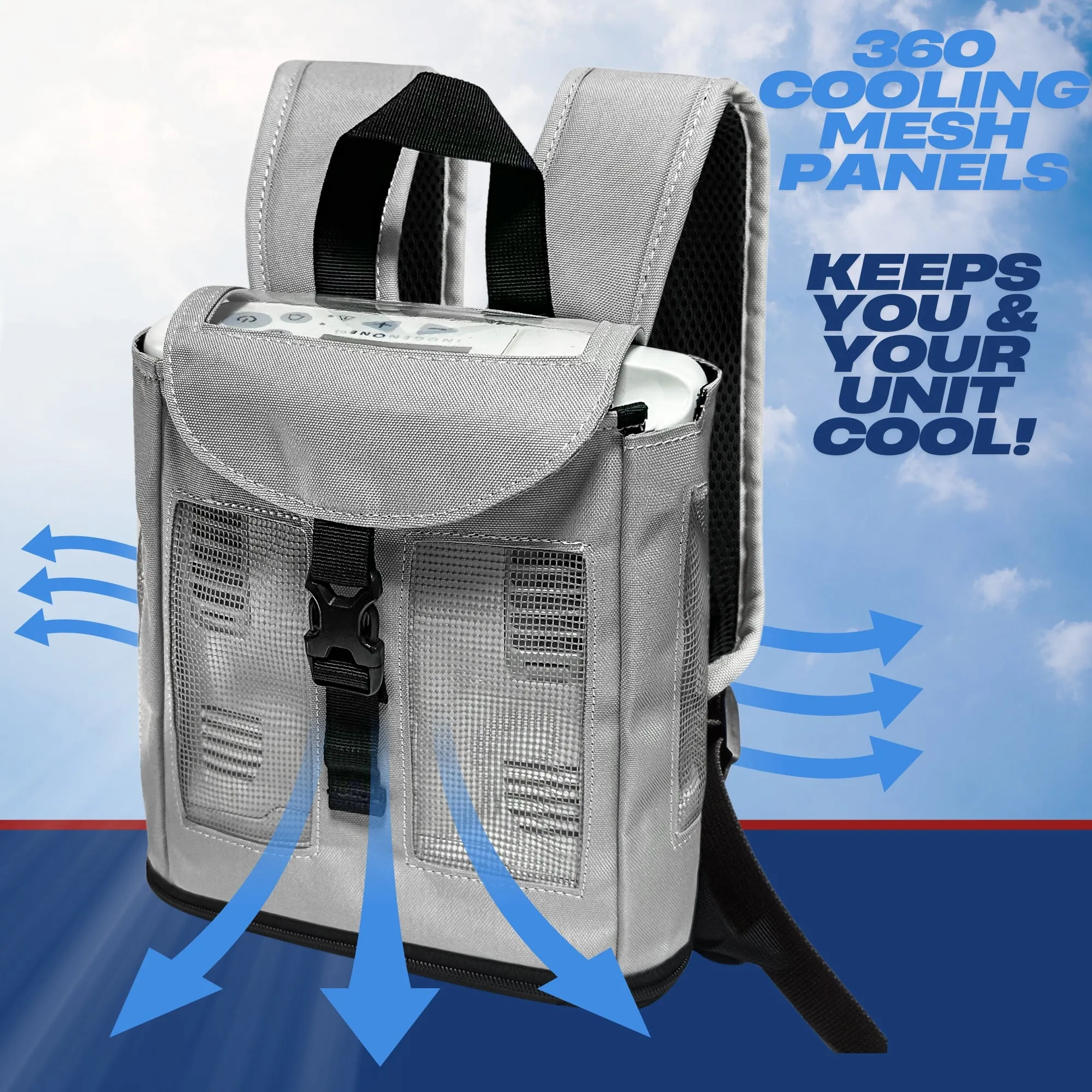 ULTRA LIGHTWEIGHT INOGEN ONE G3 BACKPACK BY O2TOTES IN GREY, MESH PANELS, ZIPPERED BOTTOM, COMFORTABLE!