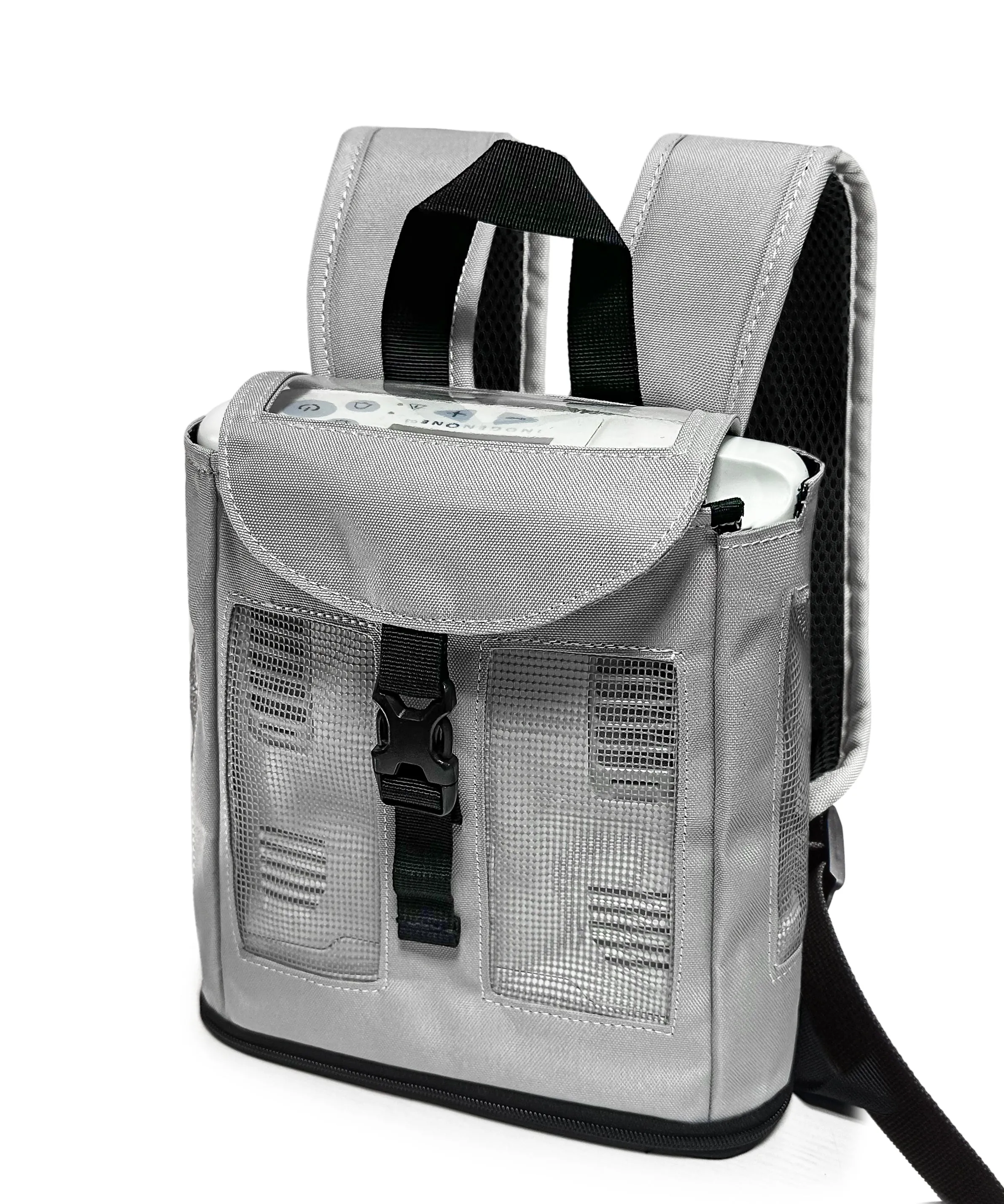 ULTRA LIGHTWEIGHT INOGEN ONE G3 BACKPACK BY O2TOTES IN GREY, MESH PANELS, ZIPPERED BOTTOM, COMFORTABLE!