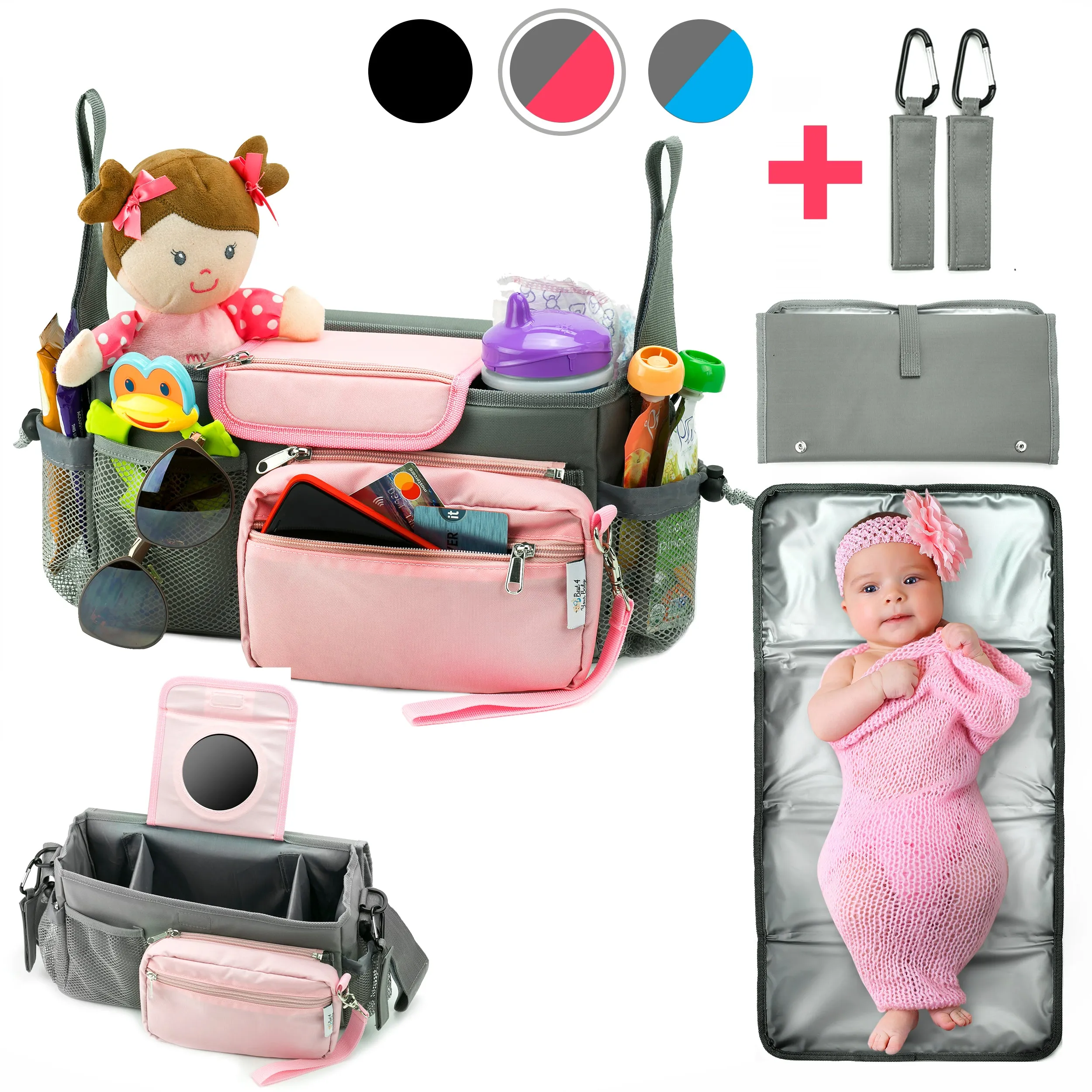 Universal Baby Stroller Organizer Bag with Cup Holders with Detachable Changing Mat & 2 Hooks (Gray/Pink)