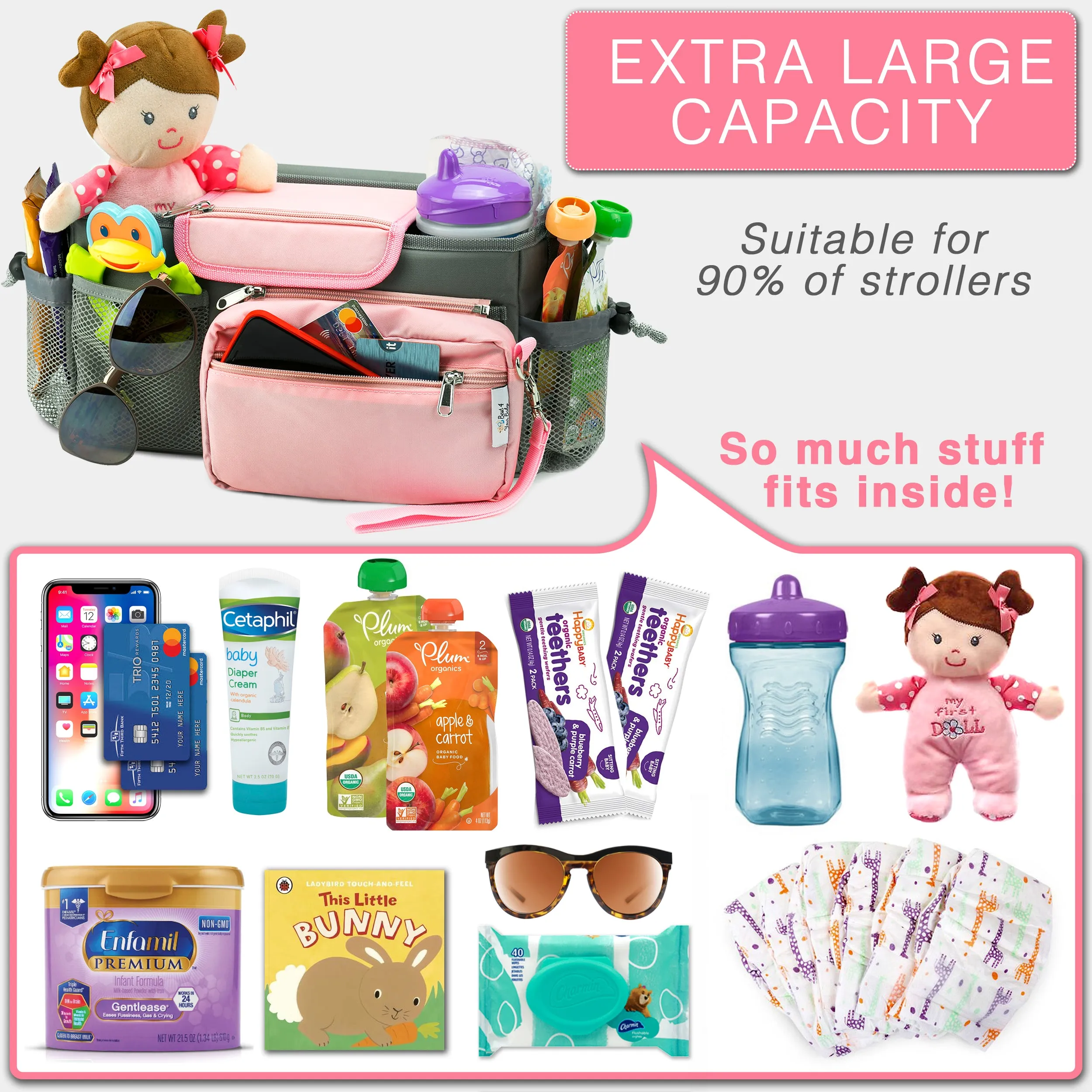 Universal Baby Stroller Organizer Bag with Cup Holders with Detachable Changing Mat & 2 Hooks (Gray/Pink)