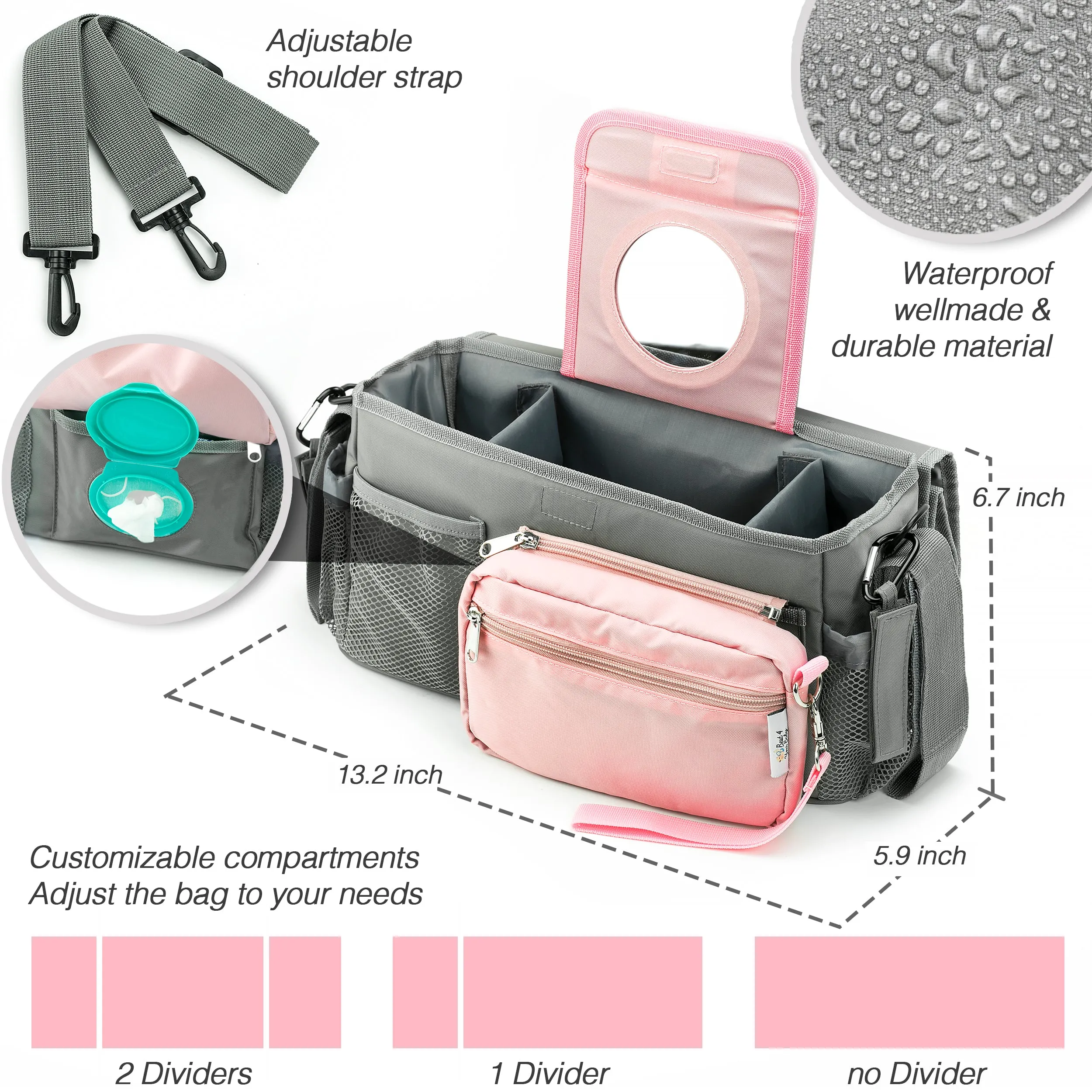 Universal Baby Stroller Organizer Bag with Cup Holders with Detachable Changing Mat & 2 Hooks (Gray/Pink)
