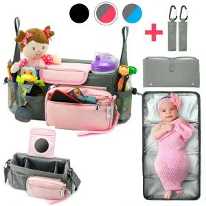 Universal Baby Stroller Organizer Bag with Cup Holders with Detachable Changing Mat & 2 Hooks (Gray/Pink)