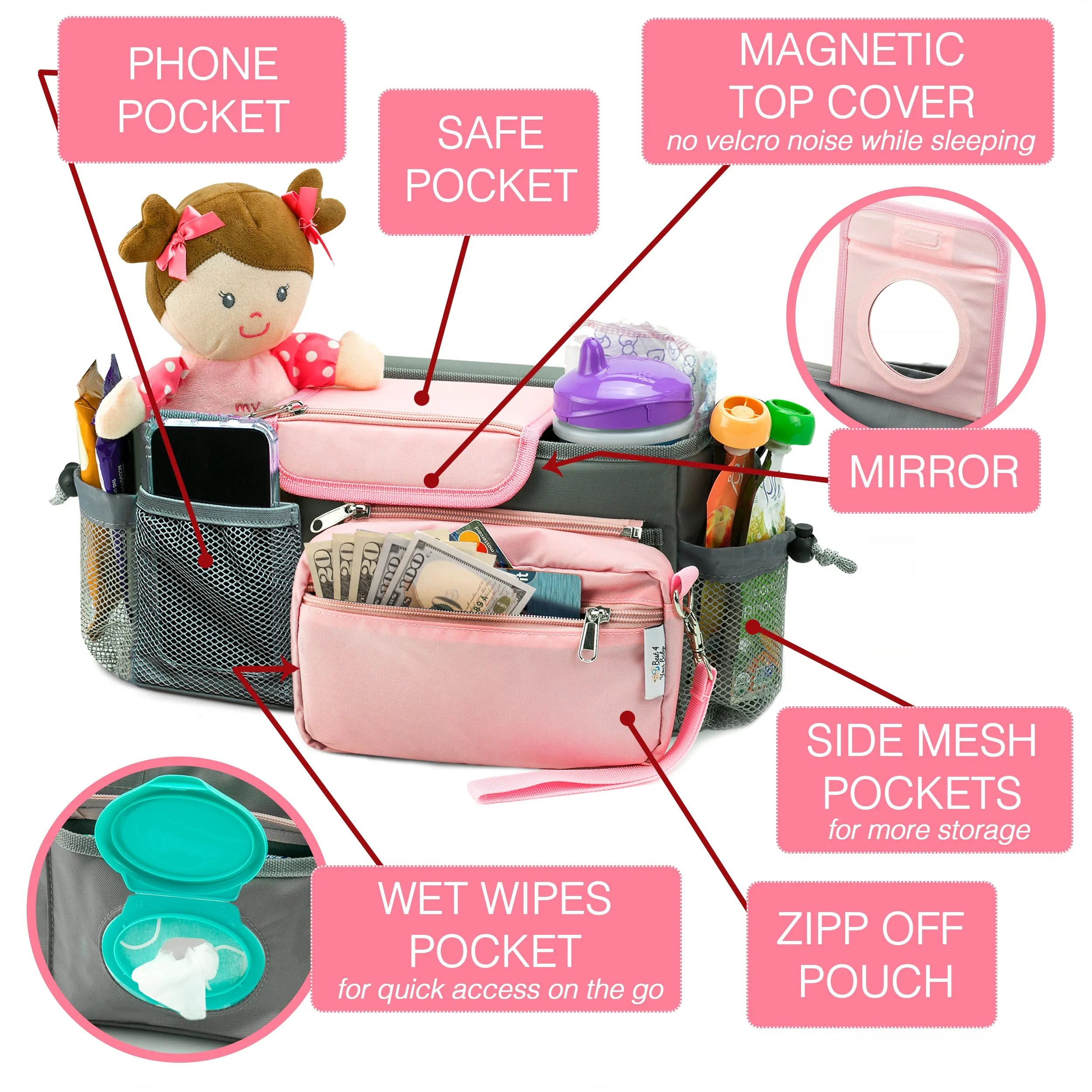 Universal Baby Stroller Organizer Bag with Cup Holders with Detachable Changing Mat & 2 Hooks (Gray/Pink)