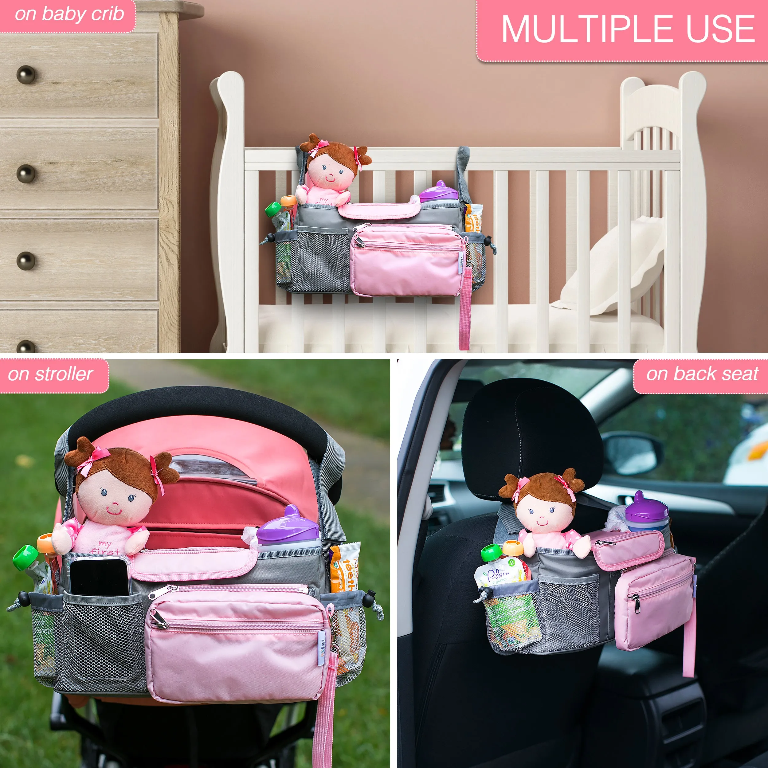 Universal Baby Stroller Organizer Bag with Cup Holders with Detachable Changing Mat & 2 Hooks (Gray/Pink)