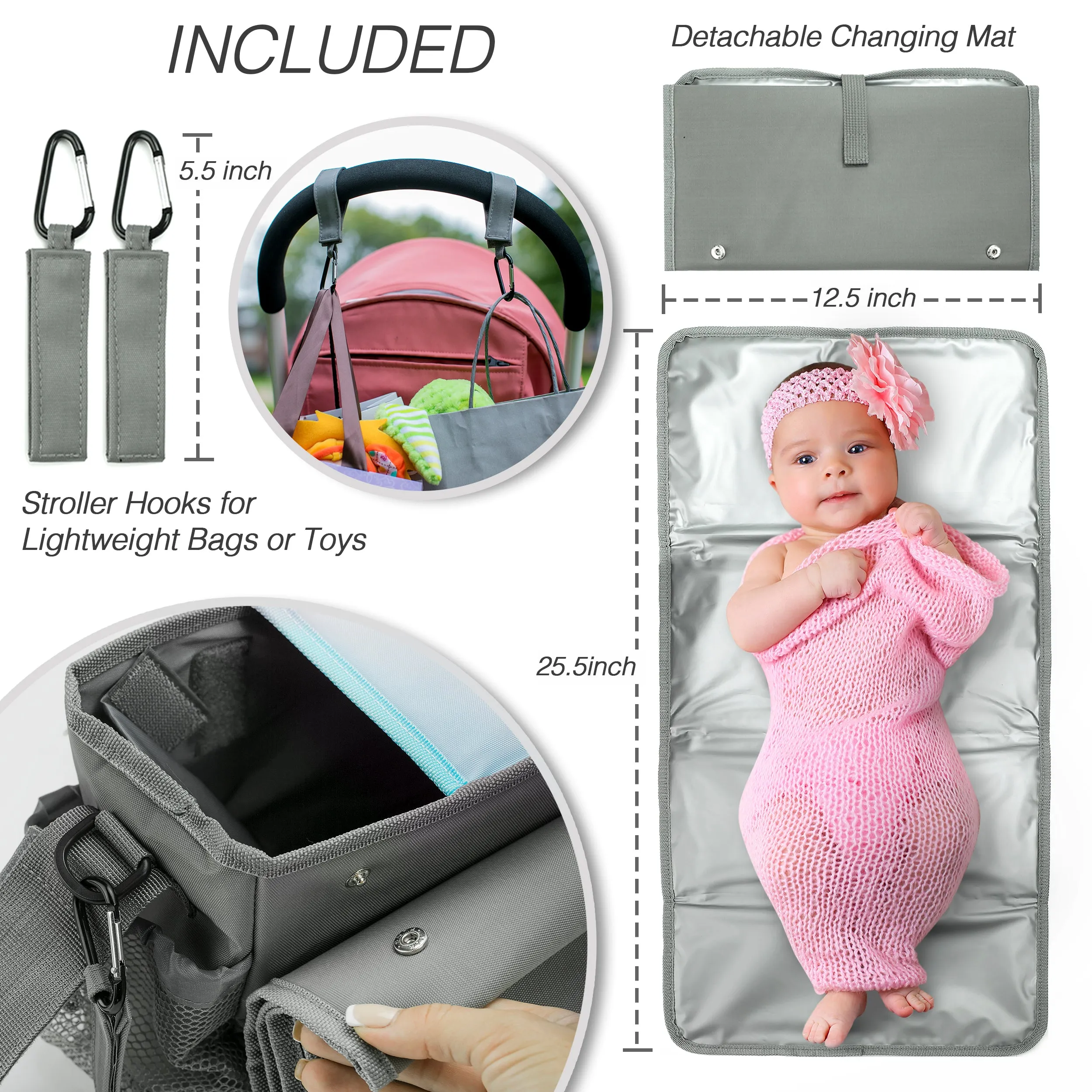 Universal Baby Stroller Organizer Bag with Cup Holders with Detachable Changing Mat & 2 Hooks (Gray/Pink)