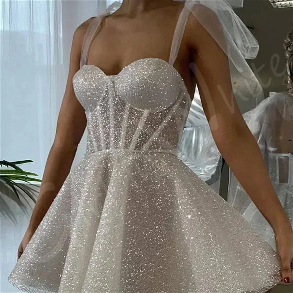 Wedding Dresses Sparkly Tulle Short Mini Bridal Gowns Sleeveless A-Line