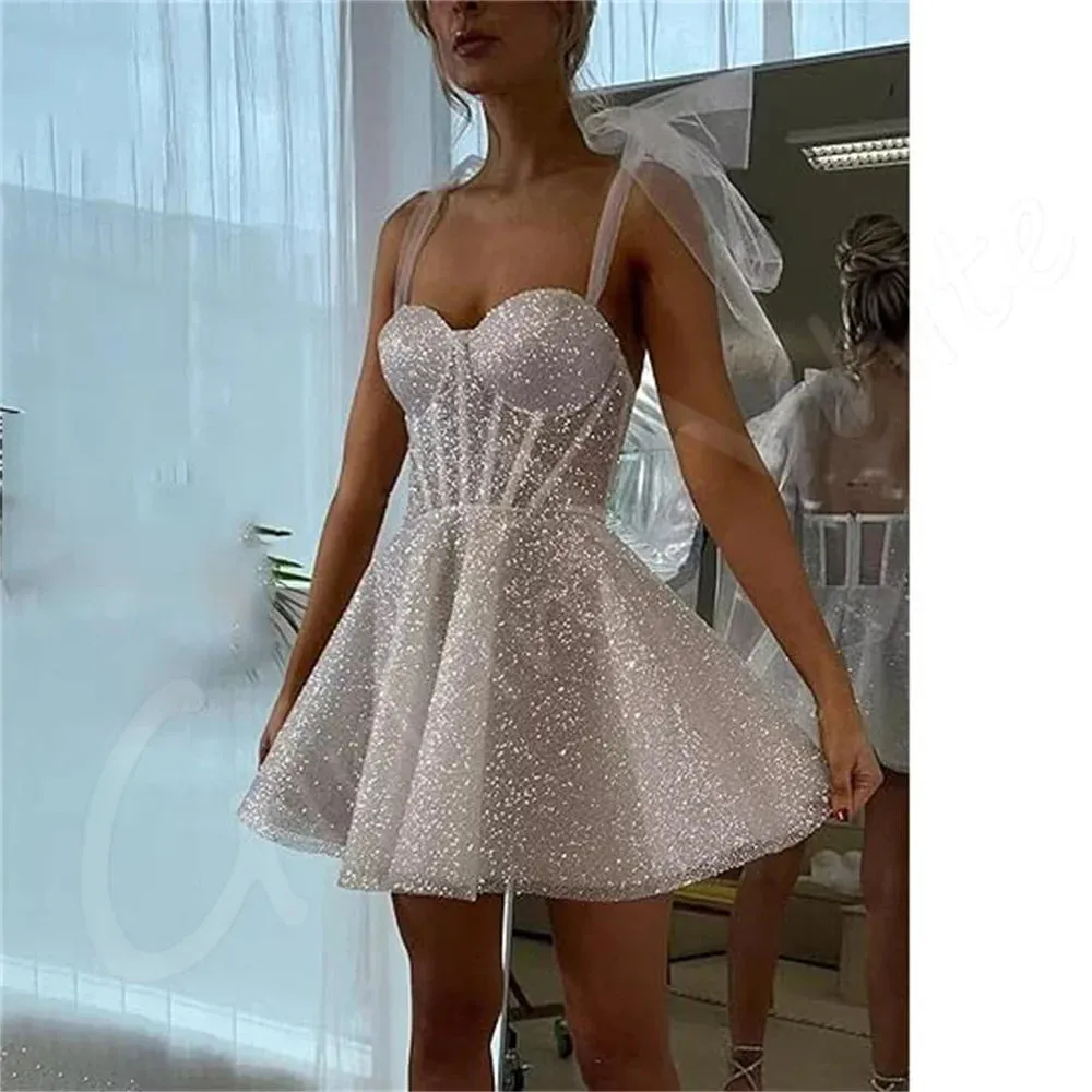 Wedding Dresses Sparkly Tulle Short Mini Bridal Gowns Sleeveless A-Line