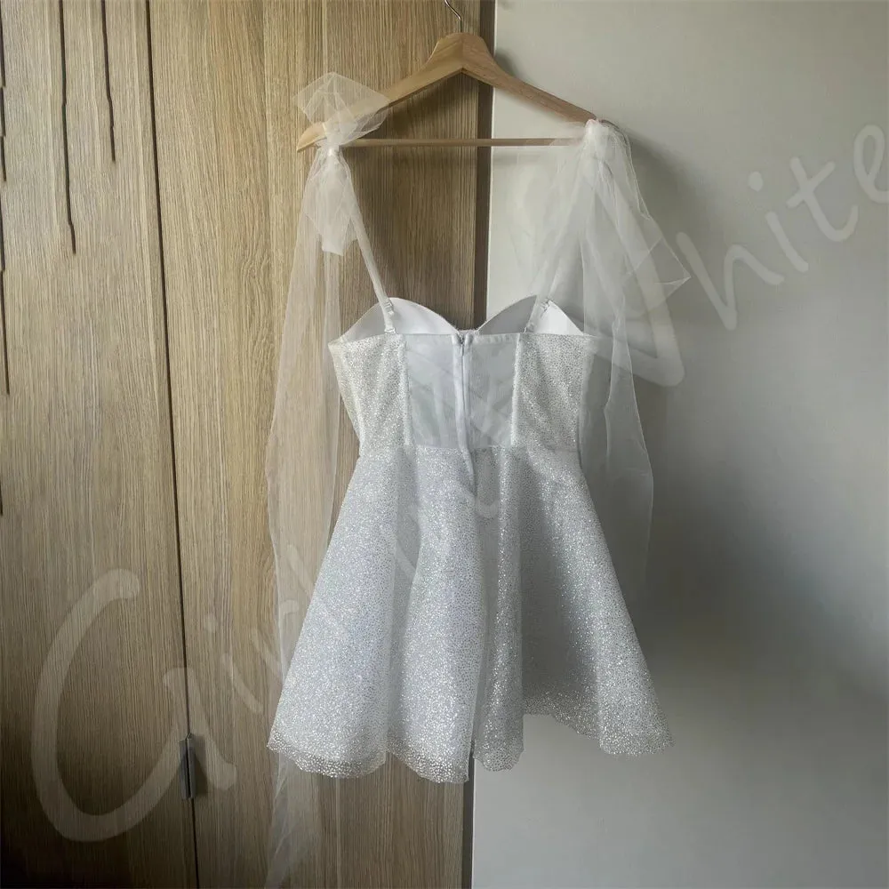 Wedding Dresses Sparkly Tulle Short Mini Bridal Gowns Sleeveless A-Line