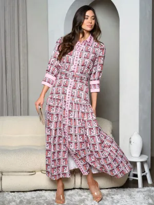WOMEN'S 3/4 SLEEVE BUTTON UP BELTED MULTI PRINT MAXI DRESS