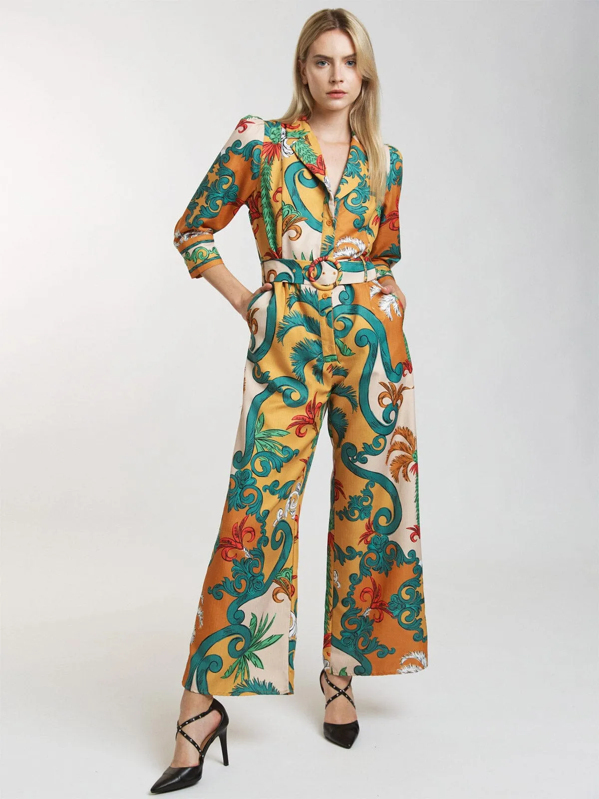 WOMEN'S 3/4 SLEEVE BUTTON UP BELTED WIDE LEG PRINTED JUMPSUIT