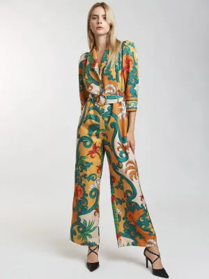 WOMEN'S 3/4 SLEEVE BUTTON UP BELTED WIDE LEG PRINTED JUMPSUIT