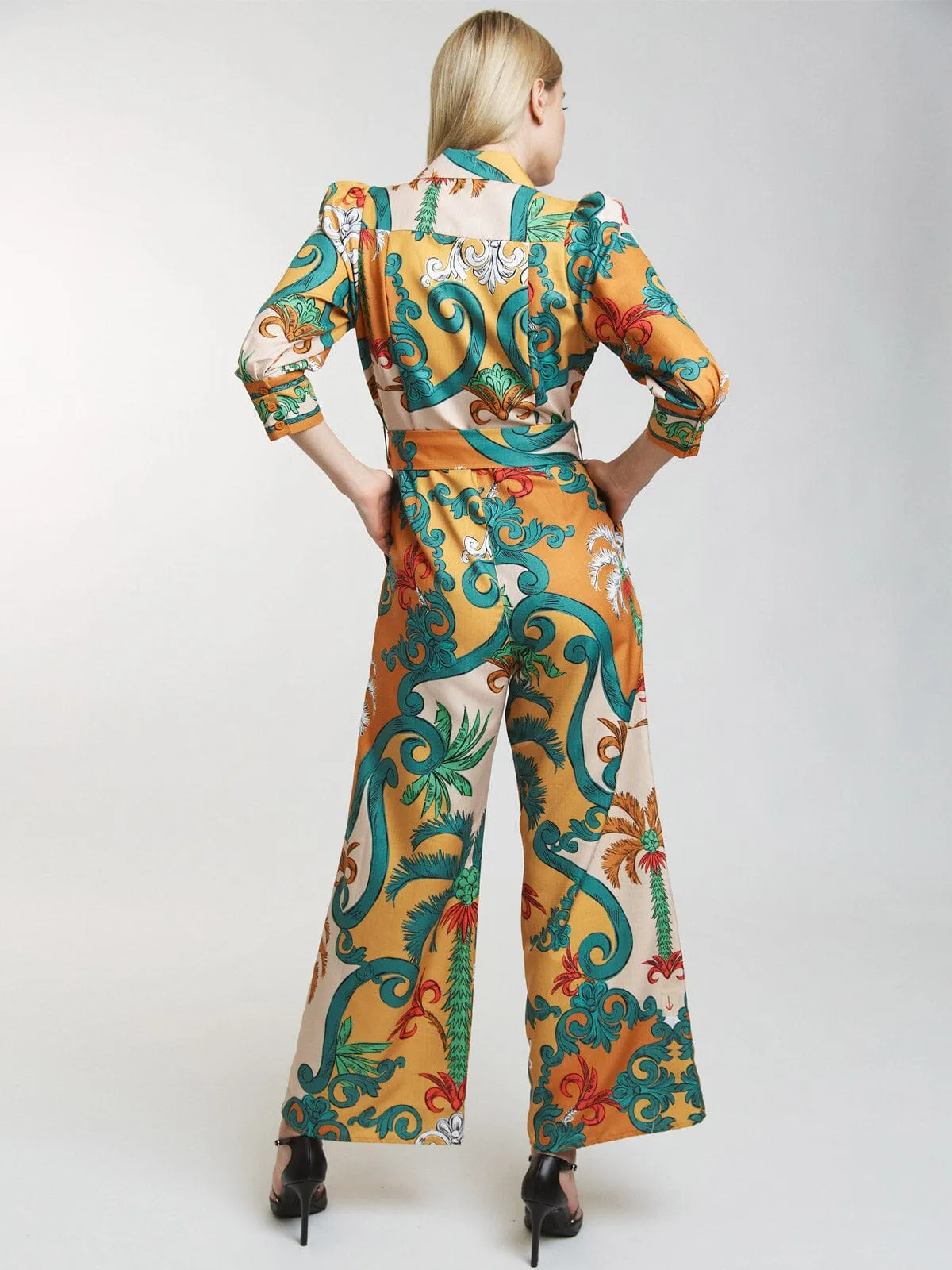 WOMEN'S 3/4 SLEEVE BUTTON UP BELTED WIDE LEG PRINTED JUMPSUIT