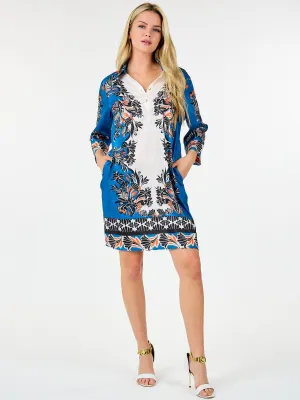 WOMEN'S 3/4 SLEEVE BUTTON UP FRONT POCKETS MULTI PRINT TUNIC MINI DRESS