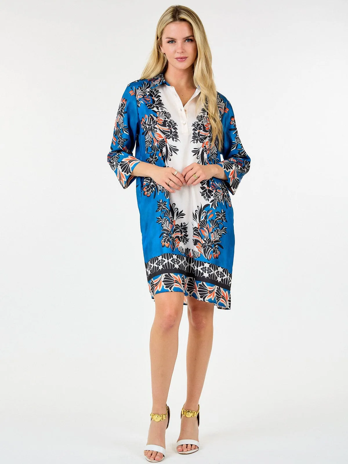 WOMEN'S 3/4 SLEEVE BUTTON UP FRONT POCKETS MULTI PRINT TUNIC MINI DRESS