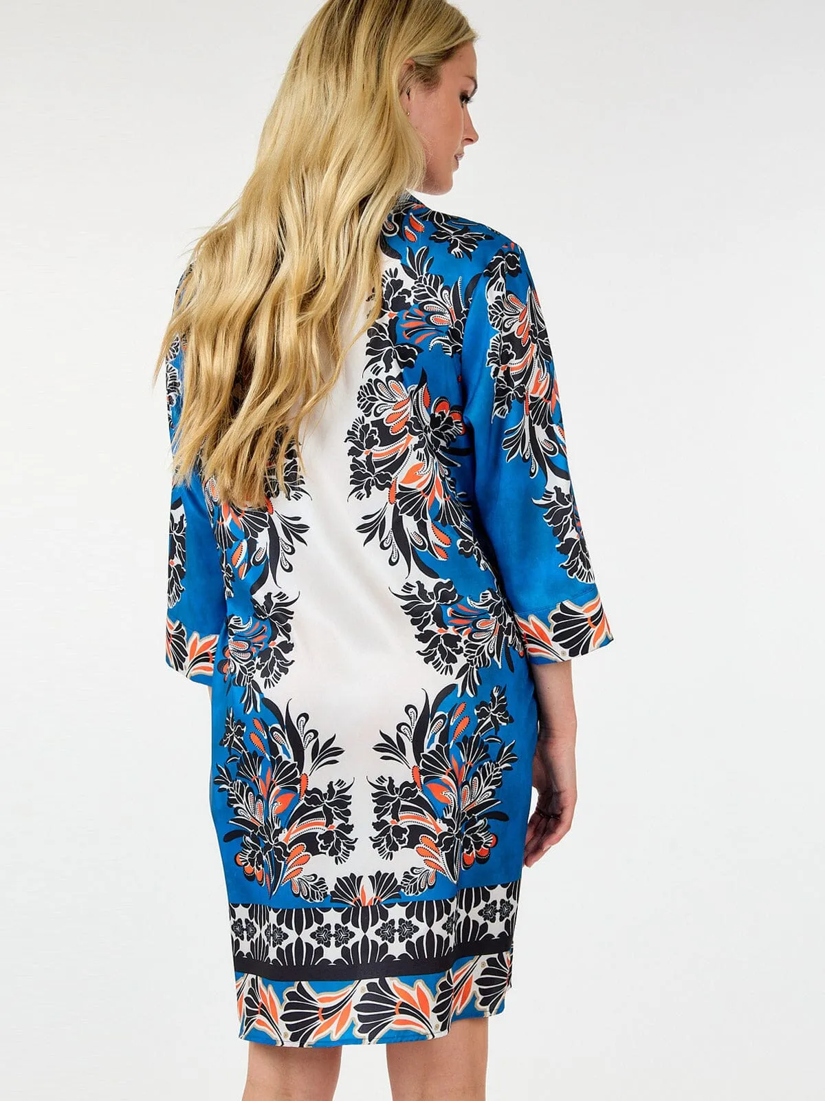 WOMEN'S 3/4 SLEEVE BUTTON UP FRONT POCKETS MULTI PRINT TUNIC MINI DRESS