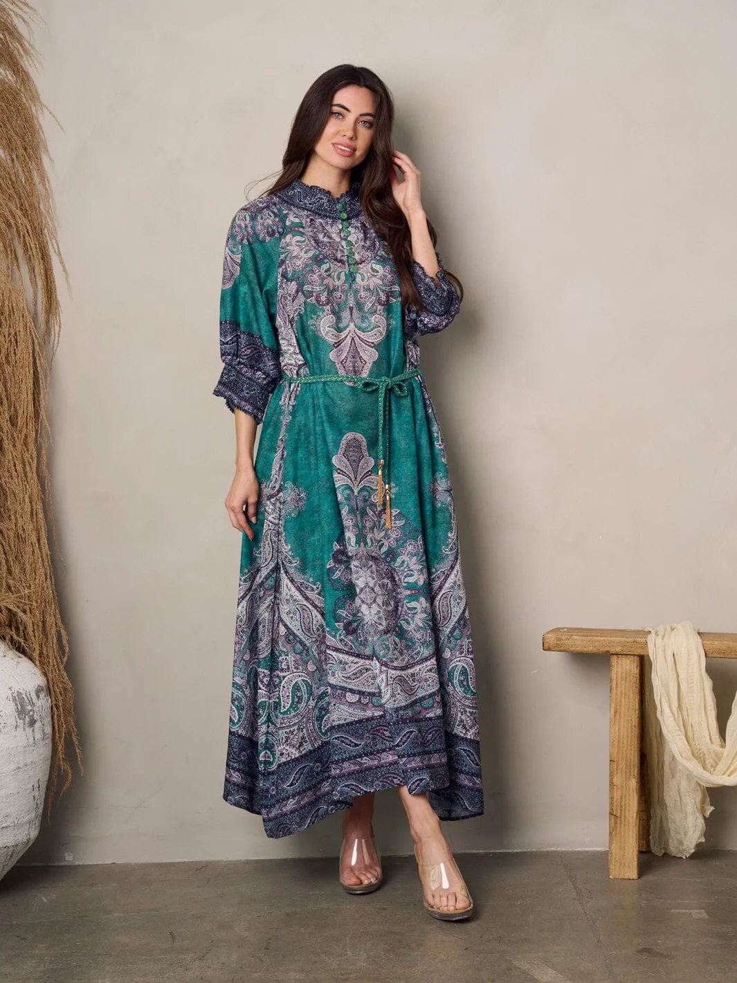 WOMEN'S 3/4 SLEEVE MOCK NECK PRINTED MAXI DRESS