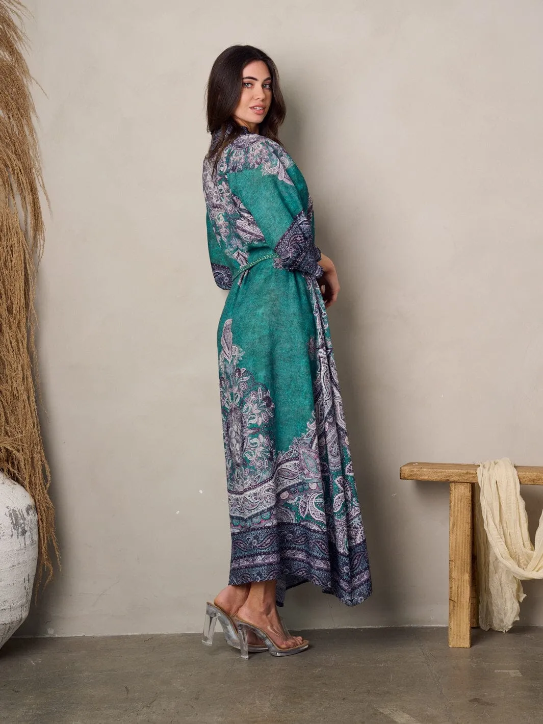 WOMEN'S 3/4 SLEEVE MOCK NECK PRINTED MAXI DRESS