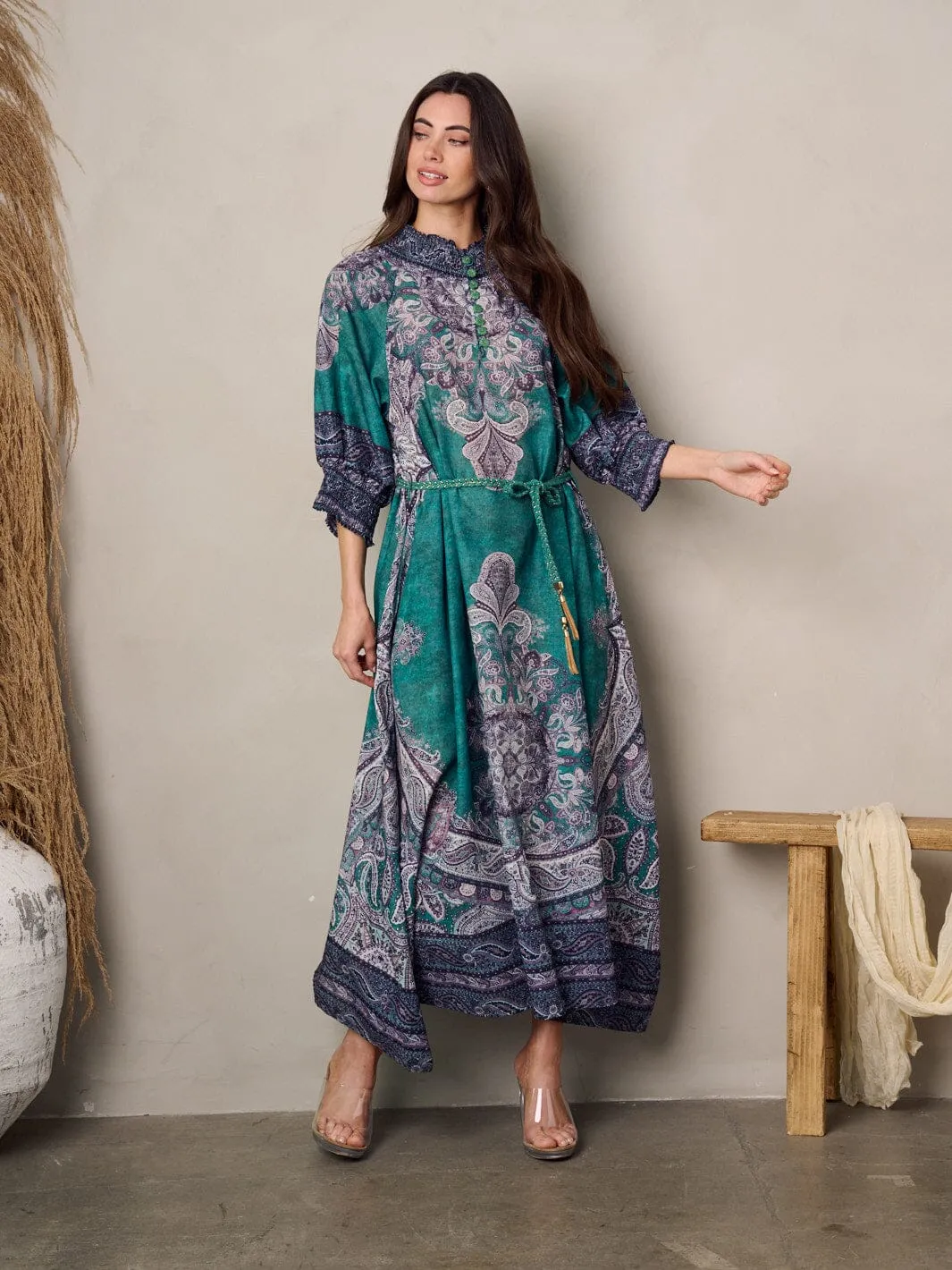 WOMEN'S 3/4 SLEEVE MOCK NECK PRINTED MAXI DRESS
