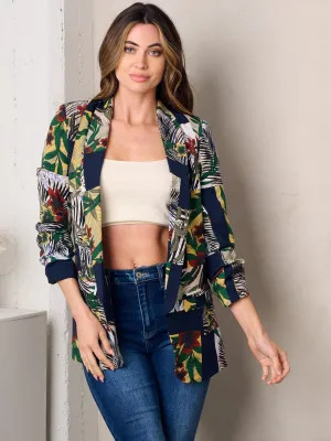 WOMEN'S 3/4 SLEEVE OPEN FRONT FLORAL PRINT BLAZER