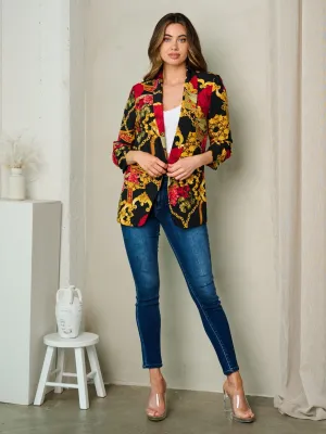 WOMEN'S 3/4 SLEEVE OPEN FRONT MULTI PRINT BLAZER