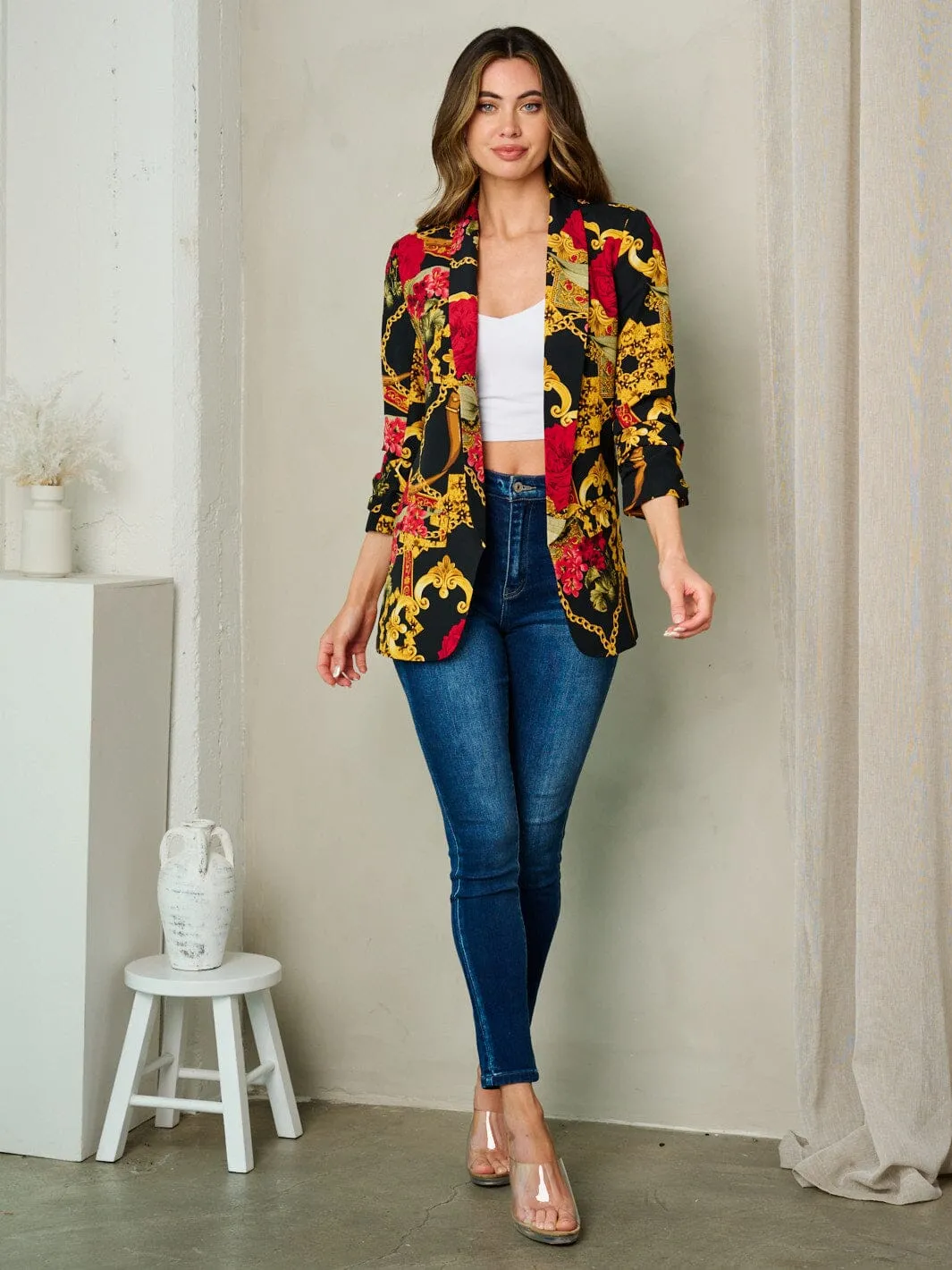 WOMEN'S 3/4 SLEEVE OPEN FRONT MULTI PRINT BLAZER