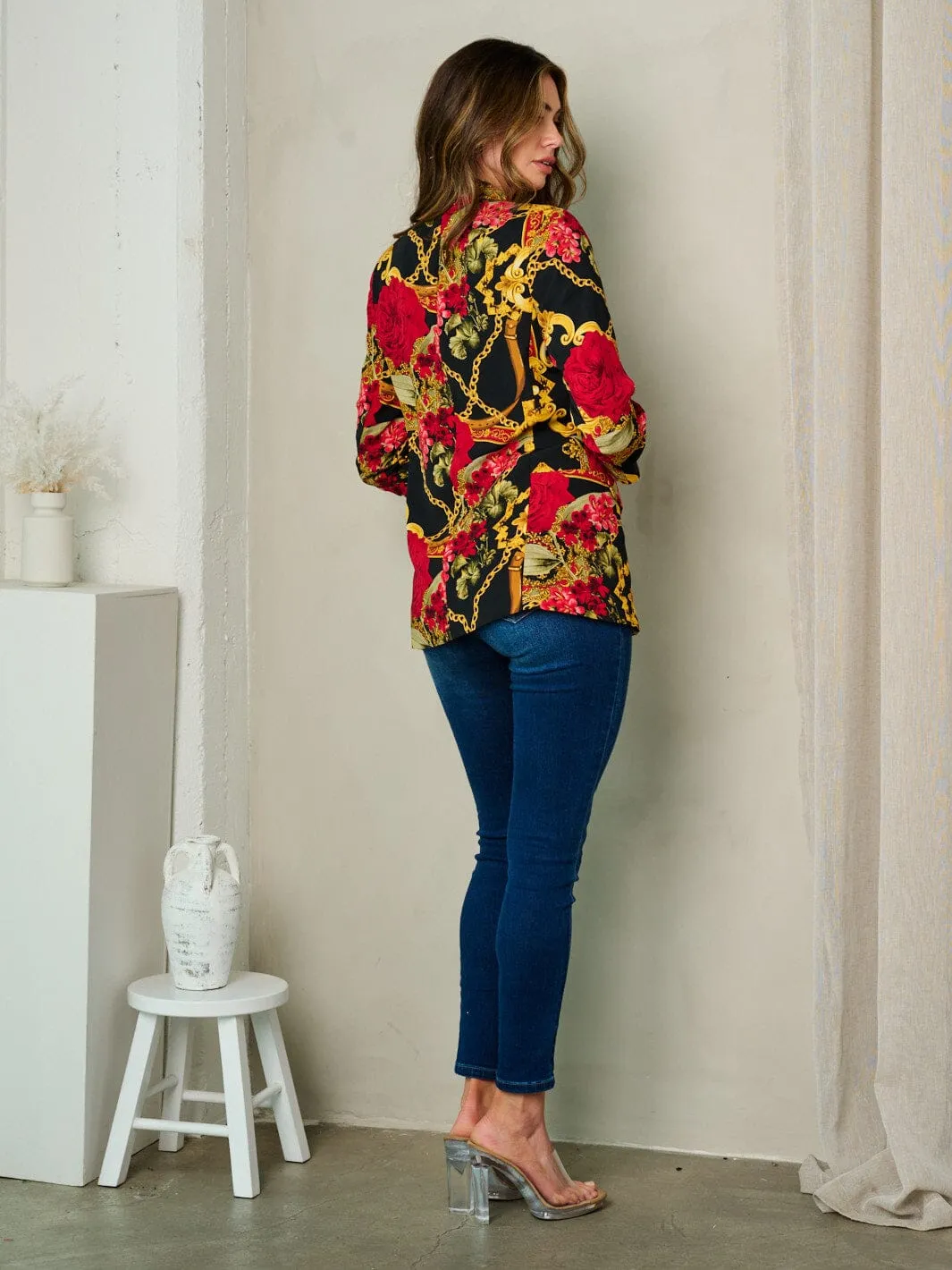 WOMEN'S 3/4 SLEEVE OPEN FRONT MULTI PRINT BLAZER