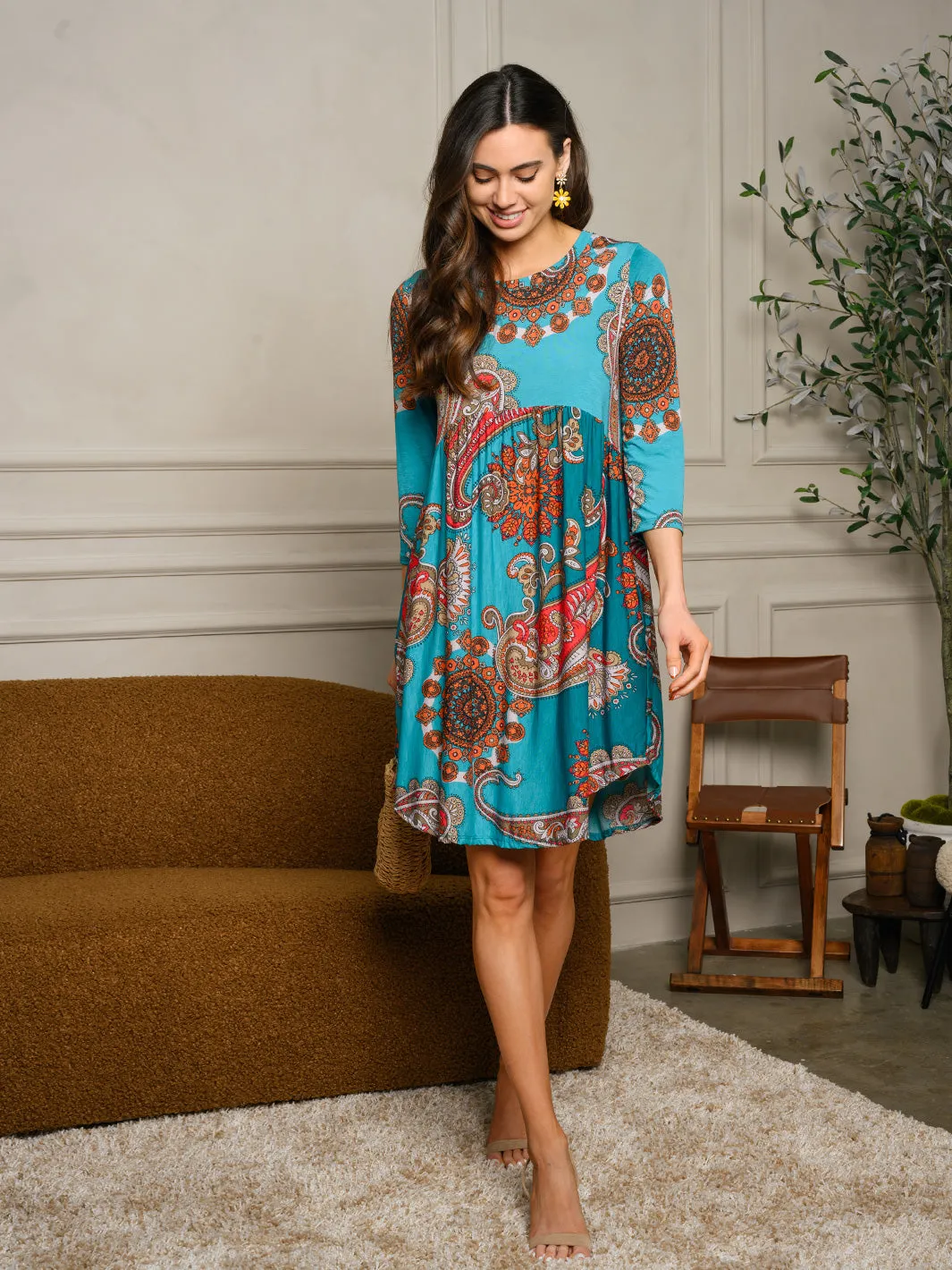 WOMEN'S 3/4 SLEEVE PRINTED POCKETS MINI DRESS