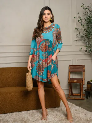 WOMEN'S 3/4 SLEEVE PRINTED POCKETS MINI DRESS