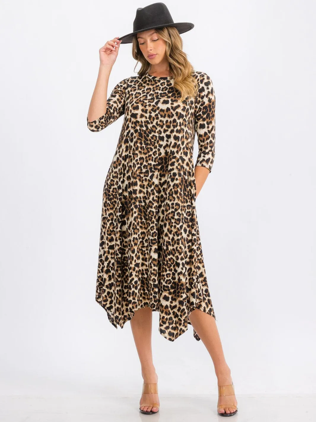 WOMEN'S 3/4 SLEEVE TUNIC FRONT POCKETS LEOPARD PRINT MIDI DRESS